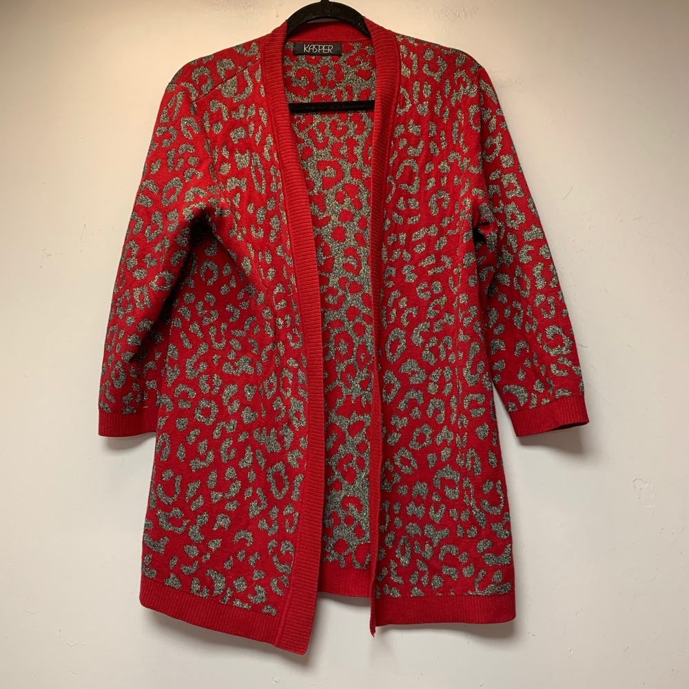 Kasper Cardigan Womens M Red Excellent Leopard Print Metallic Open Front 14852